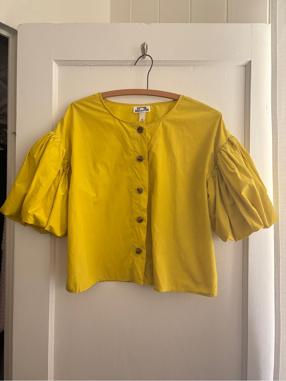 Round-Neck Button Front Puff Sleeve Blouse in Mustard Yellow